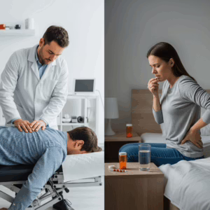 chiropractor working on patient and women taking pain medication with back pain